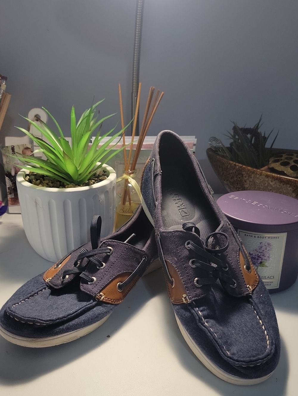 Sperry Navy Canvas Boat Shoes with Brown Trim
